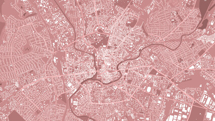 Red Kharkiv City area vector background map, roads and water cartography illustration.
