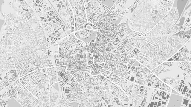White and light grey Kharkiv City area vector background map, roads and water cartography illustration.