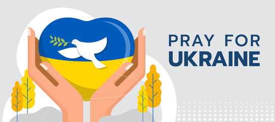 Pray for ukrain - Hands hold car heart with flag ukrain texture and dove of peace to flying around vector design