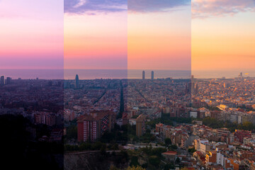 Barcelona city skyline. Split image, same landscape with different light. Same shot at different hour.