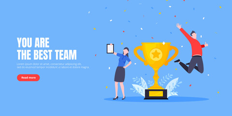 Employee recognition or proud workers of the month business concept flat style design vector illustration. Young adult people jump in the air with trophy cup.