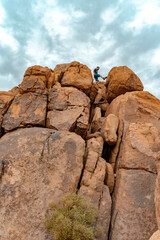 Young man on top of Joshua Tree rocks feeling free in the amazing landscape. 