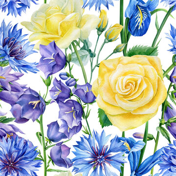 Yellow and blue wildflowers Cornflower, rose and bluebell, floral design, flowers watercolor seamless pattern