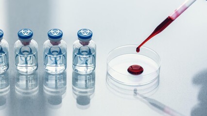Prohibited development of bioweapon in a lab. A dropper and a Petri dishes with human blood sample...