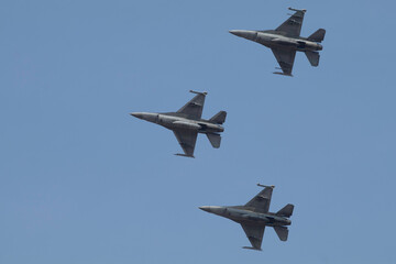 Fototapeta na wymiar Fighters jets from below in blue sky