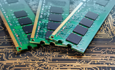 computer memory modules on background of black printed circuit board with golden wires