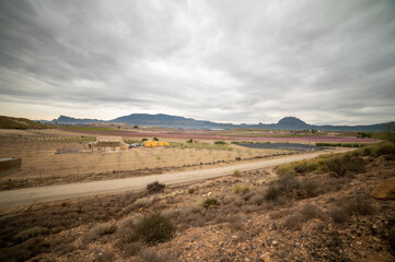 A landscape of the fields of Murcia with mountains in the background on a cloudy day
