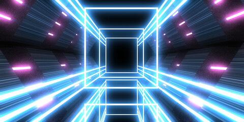 3D abstract background with neon lights. neon tunnel  .space construction . .3d illustration