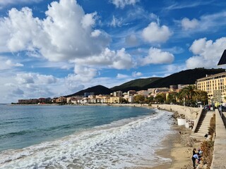 Panorama of the beach and rough sea in the city of Bastia on the French island of Corsica in November 2021