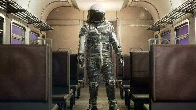 An astronaut is fist pump, in an interstellar space train travelling at superluminal speed. The concept of fantasy space travel. The animation is perfect for space, fantasy and sci-fi backgrounds