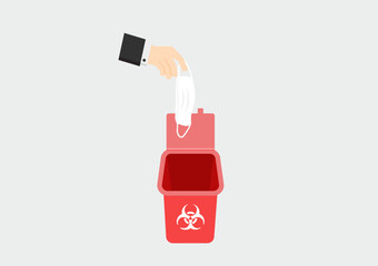 business man hand abandon medical face mask to infectious waste bin vector