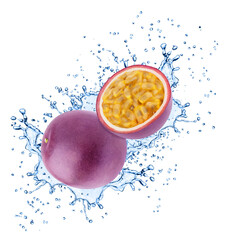 Composition with halves of passion fruit in water splashes isolated on white background.