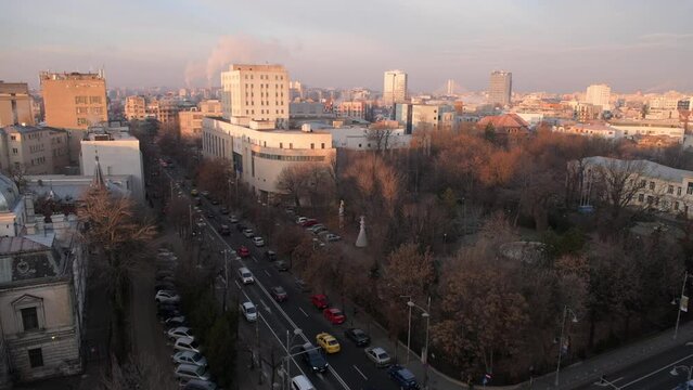 Bucharest from above during a winter sunrise. 4k video with the main landmarks from Calea Victoriei in Bucharest, Romania, filmed in the morning.