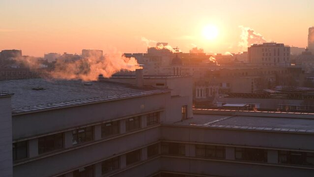 Bucharest from above during a winter sunrise. 4k video with the main landmarks from Calea Victoriei in Bucharest, Romania, filmed in the morning.