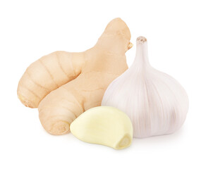 Composition with fresh garlic and ginger isolated on white background.