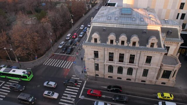 Bucharest from above during a winter sunrise. 4k video with the main landmarks from Calea Victoriei in Bucharest, Romania, filmed in the morning.