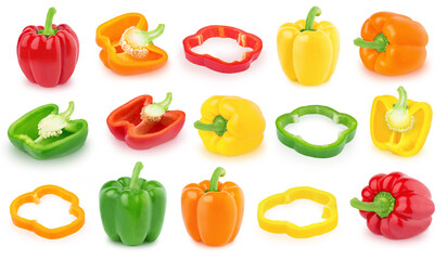 Large set made with multicolored bell pepper isolated on white background.