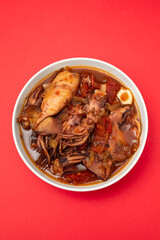 fresh tasty squid stew in white bowl on red