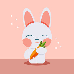 Funny cute white rabbit with carrots pink background