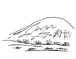 Simple hand-drawn vector black and white ink drawing. Mountain wild landscape, rocky desert area, dry grass. Nature, tourism and travel.