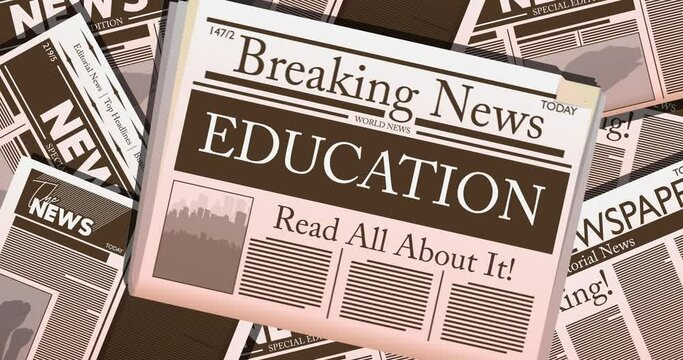 Newspaper with the text Education as headline. 4k resolution Cartoon animation. Showing the news from the Printed Media.