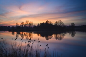 Obraz na płótnie Canvas Beautiful spring sunset. Colorful evening sky over the lake.