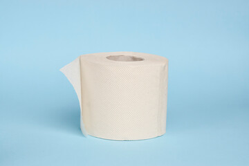 White toilet paper roll on blue background with copy space