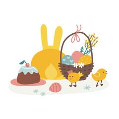 Cute Easter concept. Bunny with Easter elements - buscet, eggs, chiken, flowers. Beautiful gift card. Colored flat vector illustration isolated on white background.