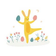 Obraz premium Easter bunny playing with eggs isolated on white background. Rabbit animal for card, invitation, banner or flyer. Vector flat hand drawn illustration.