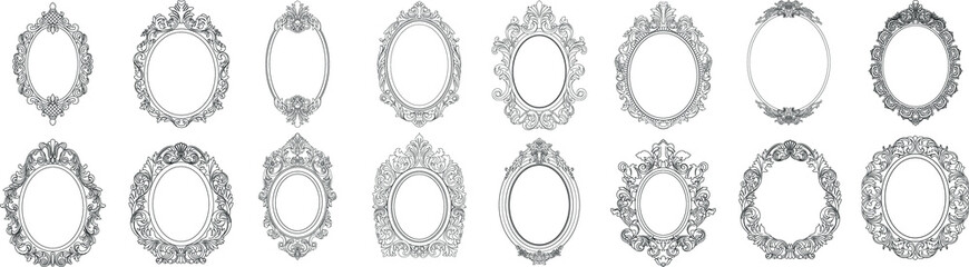 Set of black oval vintage frames, design elements. Vector. - obrazy, fototapety, plakaty