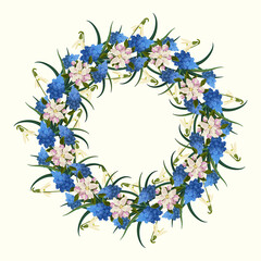 Vector wreath of spring flower isolated on white background. Apple blossom, muscari,  snowdrop. Spring illustration for background, textile, poster, scrapbooking, set of stickers, greeting cards.