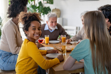 Multiethnic diverse extended family dining and toasting together