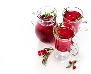 Cranberry tea or refreshing cocktail with cranberry and rosemary isolated on white background. Top...