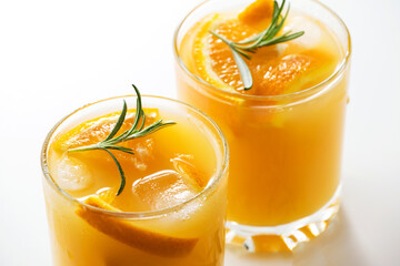 Gin with grapefruit or orange and rosemary, refreshing drink with ice isolated on white background. Refreshing summer cocktail, selective focus.