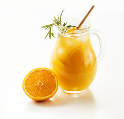 Jug of tasty cold juice from grapefruit or orange with rosemary, refreshing drink with ice isolated on white background. Refreshing summer cocktail, selective focus.