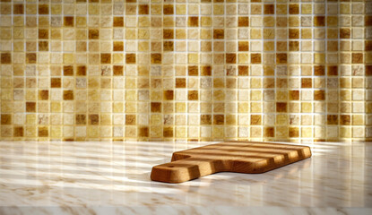 Marble table in the kitchen in a shade of golden color, sun rays and a shadow on the wall 