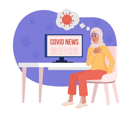 Coronavirus panic attack 2D vector isolated illustration. Woman scared of virus flat characters on cartoon background. Covid colourful scene for mobile, website, presentation. Bebas Neue font used