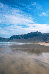 Vertical shot, Famara beach surf spot landscape view, Lanzarote, Canary Islands, Spain