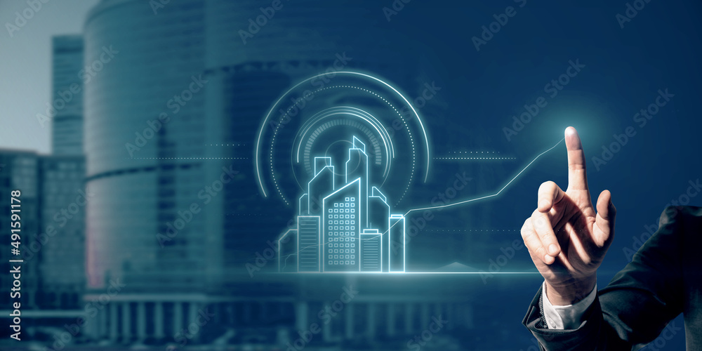 Poster close up of businessman hand pointing at abstract smart city hologram on blurry background with mock