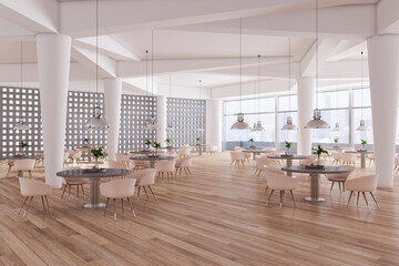Modern spacious concrete restaurant interior with wooden flooring, panoramic city view, tables and chairs. Cafeteria project concept. 3D Rendering.