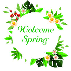 Welcome spring day . Flower tree for Happy holidays greeting card. Typography for spring holidays. 
