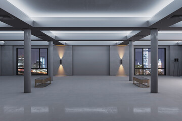 Modern spacious concrete exhibition interior with mock up place on wall, windows and night city view. Gallery concept. 3D Rendering.