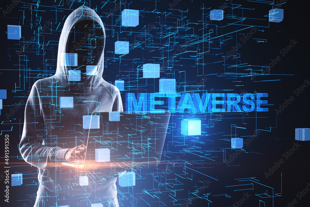 Poster hacker in hoodie with laptop on abstract glowing blue metaverse background. game, hacking, connectio