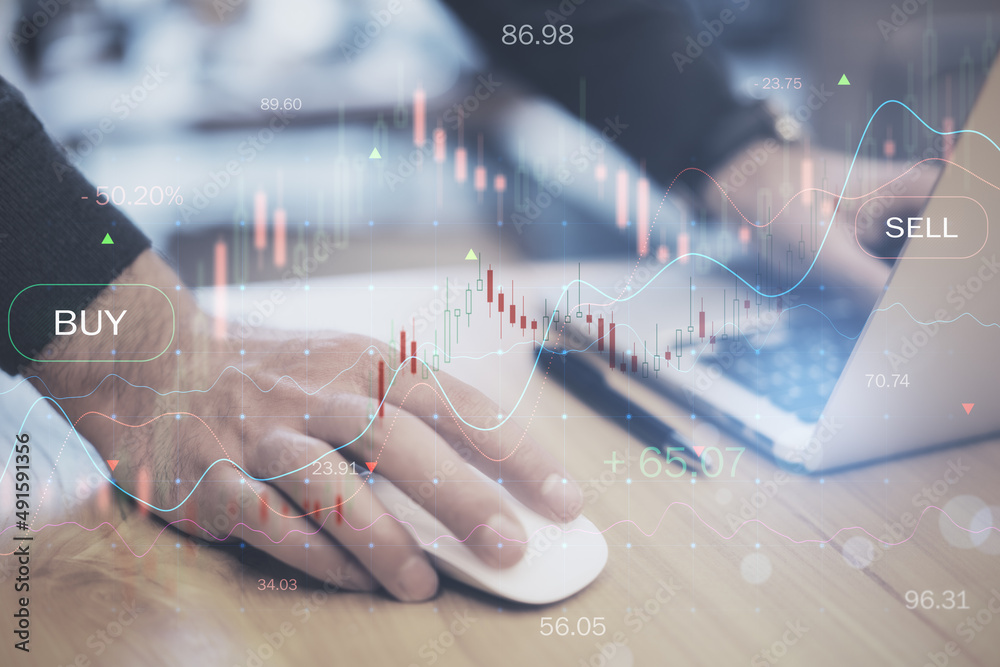 Poster close up of businessman hands using laptop keyboard with glowing forex chart on blurry desktop backg