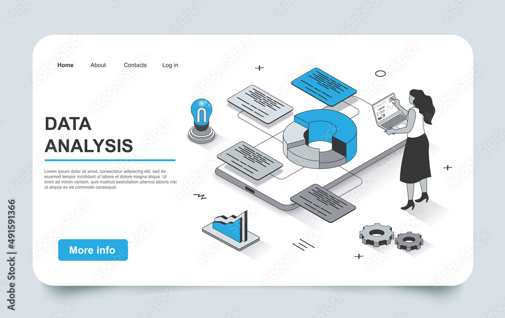 Poster data analysis concept in 3d isometric landing page outline design. women studies statistics and rese
