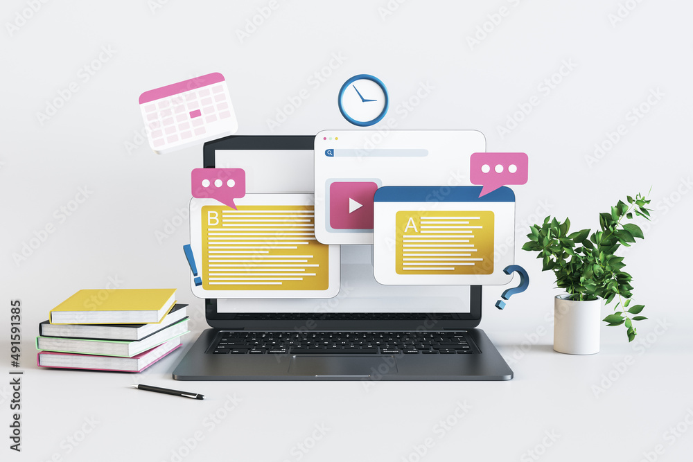 Poster close up of laptop with online education concept on white workplace background. learn and study conc