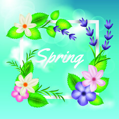 Design banner with lettering design welcome spring. Card for spring season with white green tropical leaves and floral. 
