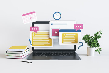 Close up of laptop with online education concept on white workplace background. Learn and study concept. 3D Rendering.