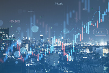 Creative glowing candlestick forex chart on blurry city wallpaper. Finance growth and trade concept. Double exposure.