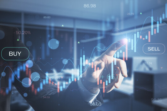 Male hand pointing at glowing business chart on blurry office interior background. Trade, finance, market and financial growth concept. Double exposure.